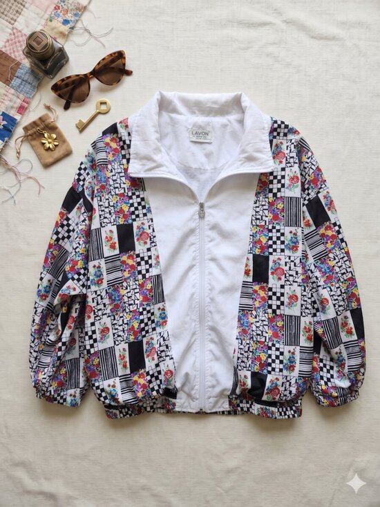 Lavon Jackets & Blazers - Vintage White Floral & Checkerboard Bomber Jacket